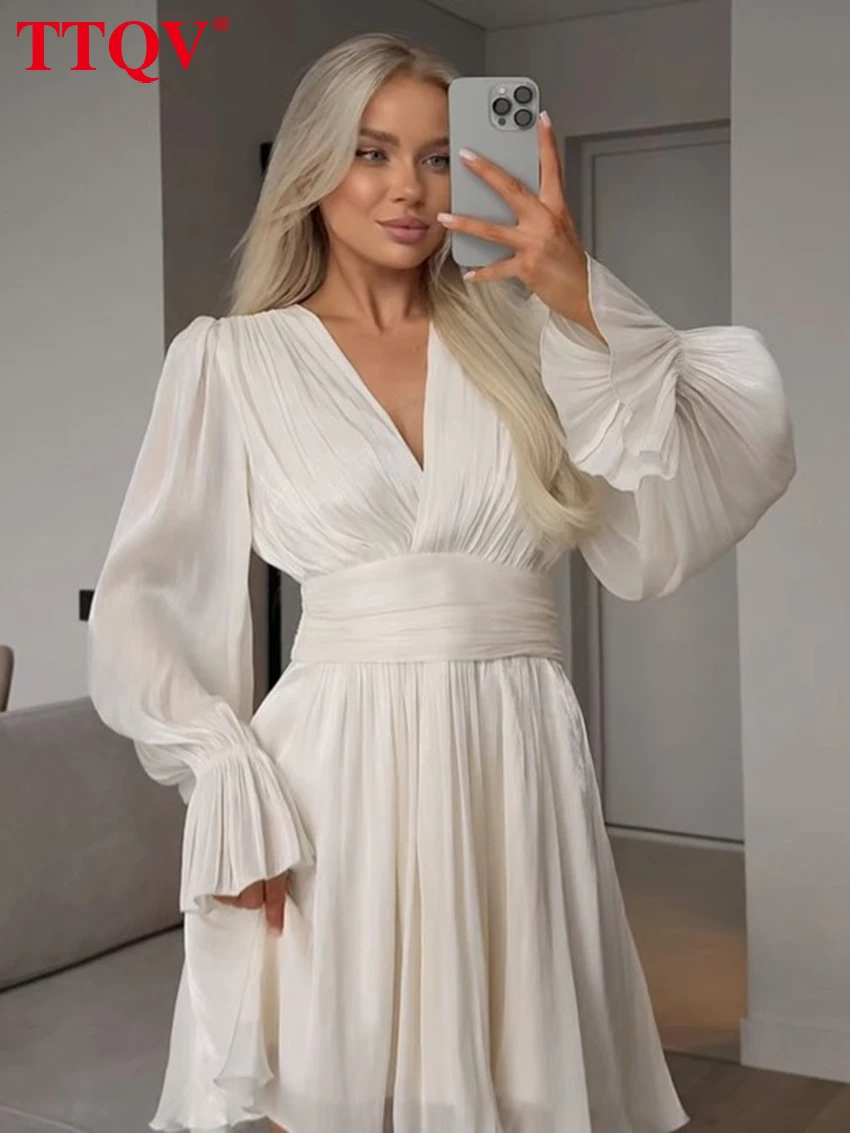 TTQV Sexy Loose Beige Women's Dress 2026 Fashion V-Neck Long Sleeve Mini Dresses Elegant Classic High Waist Pleated Female Dress