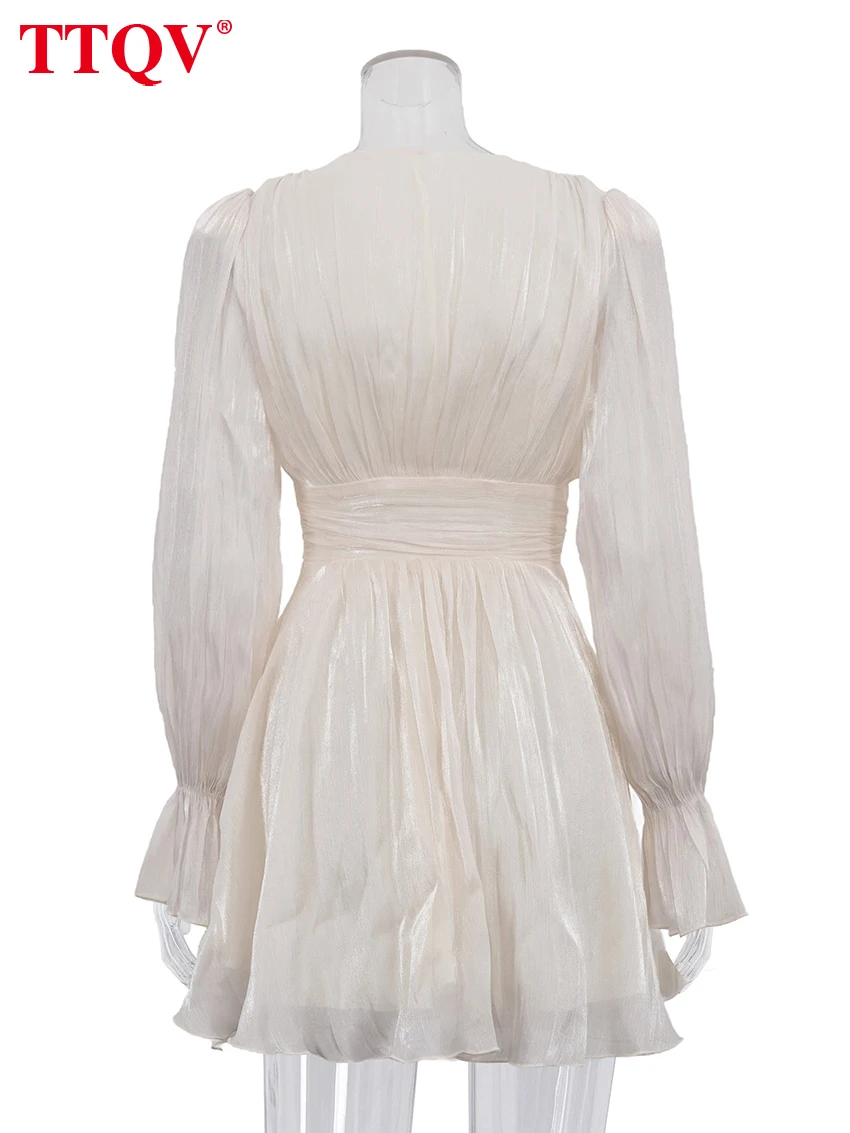 TTQV Sexy Loose Beige Women's Dress 2026 Fashion V-Neck Long Sleeve Mini Dresses Elegant Classic High Waist Pleated Female Dress