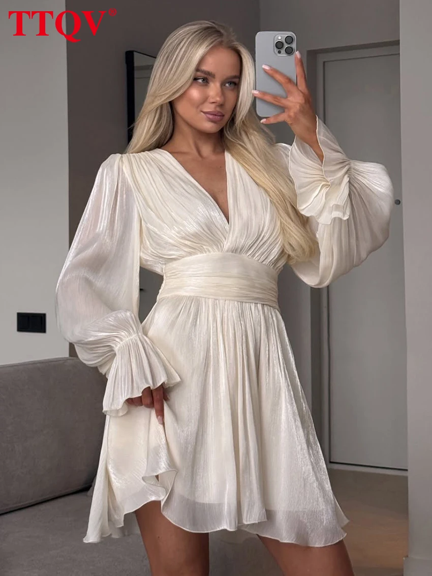 TTQV Sexy Loose Beige Women's Dress 2026 Fashion V-Neck Long Sleeve Mini Dresses Elegant Classic High Waist Pleated Female Dress