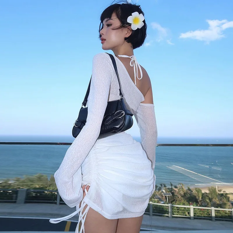 Women's Solid Skew Collar Ruched Straps Lace-Up See through Draw String Mini Dress Summer 2025 Party Clubwear