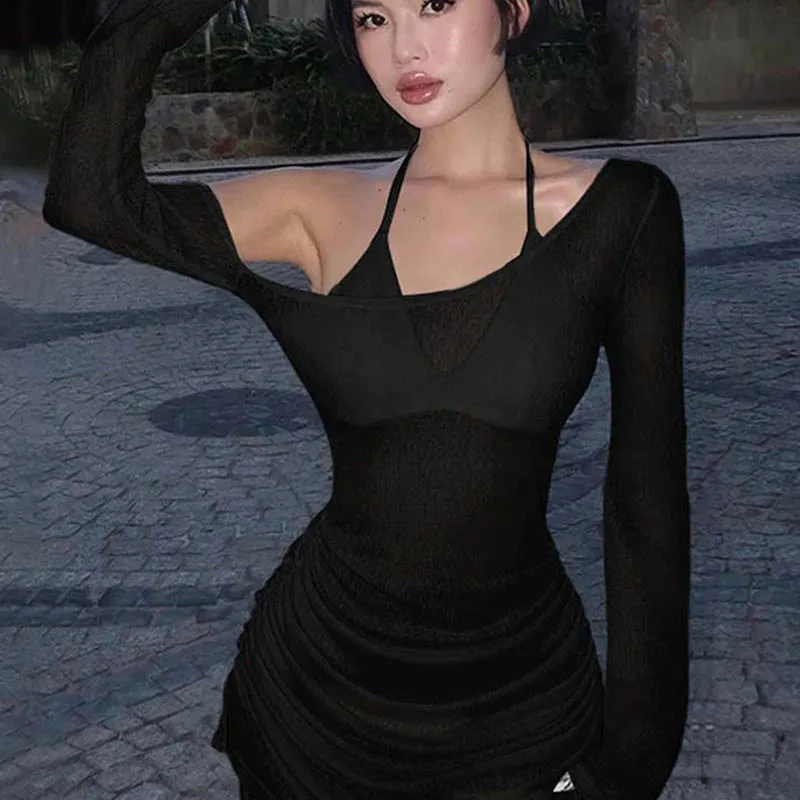 Women's Solid Skew Collar Ruched Straps Lace-Up See through Draw String Mini Dress Summer 2025 Party Clubwear