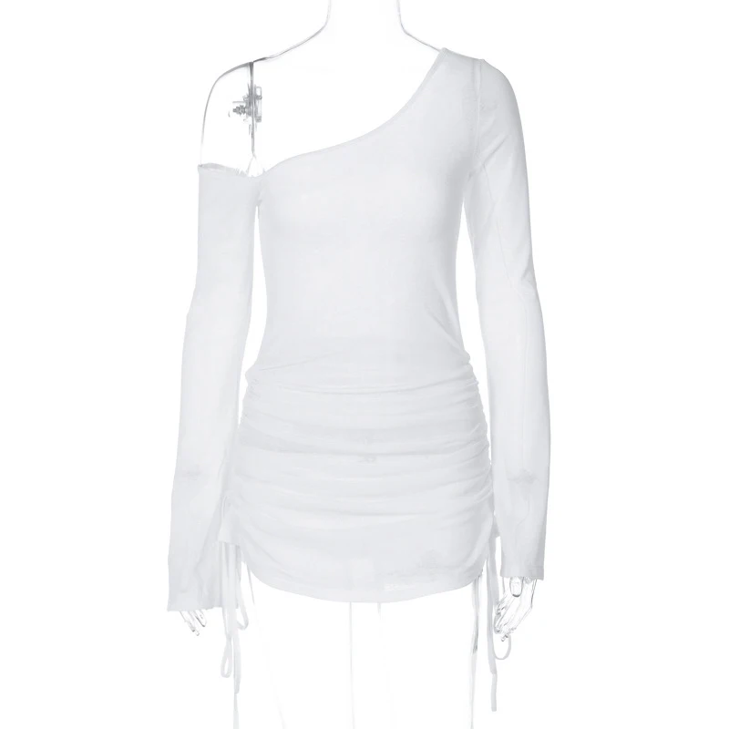Women's Solid Skew Collar Ruched Straps Lace-Up See through Draw String Mini Dress Summer 2025 Party Clubwear