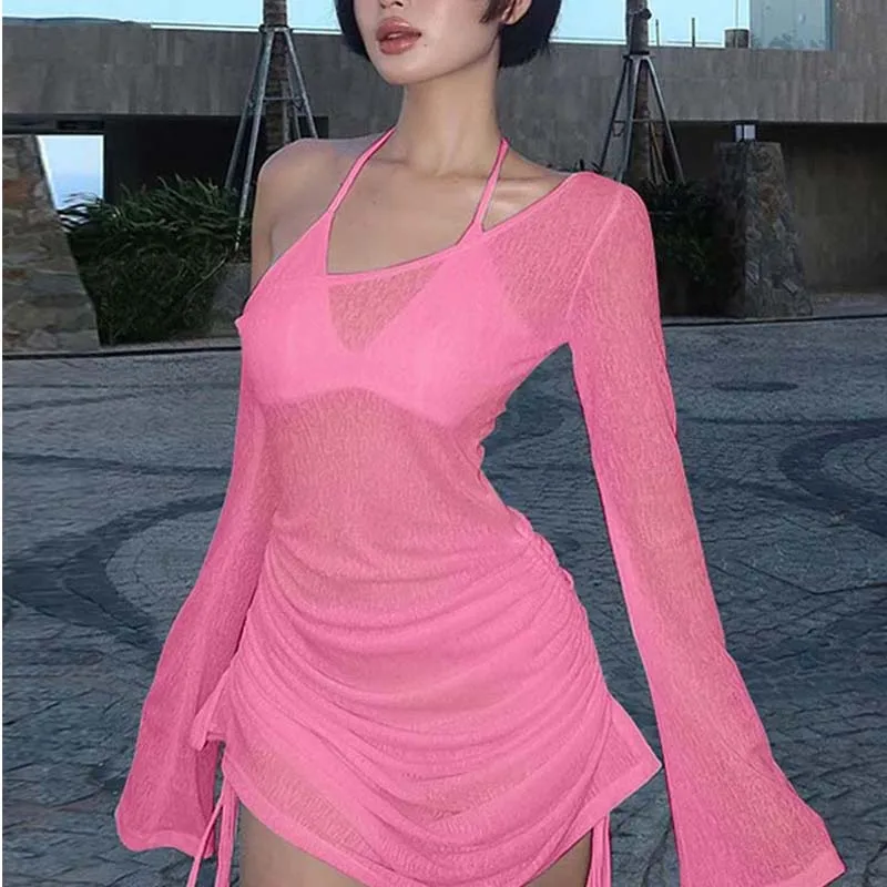 Women's Solid Skew Collar Ruched Straps Lace-Up See through Draw String Mini Dress Summer 2025 Party Clubwear