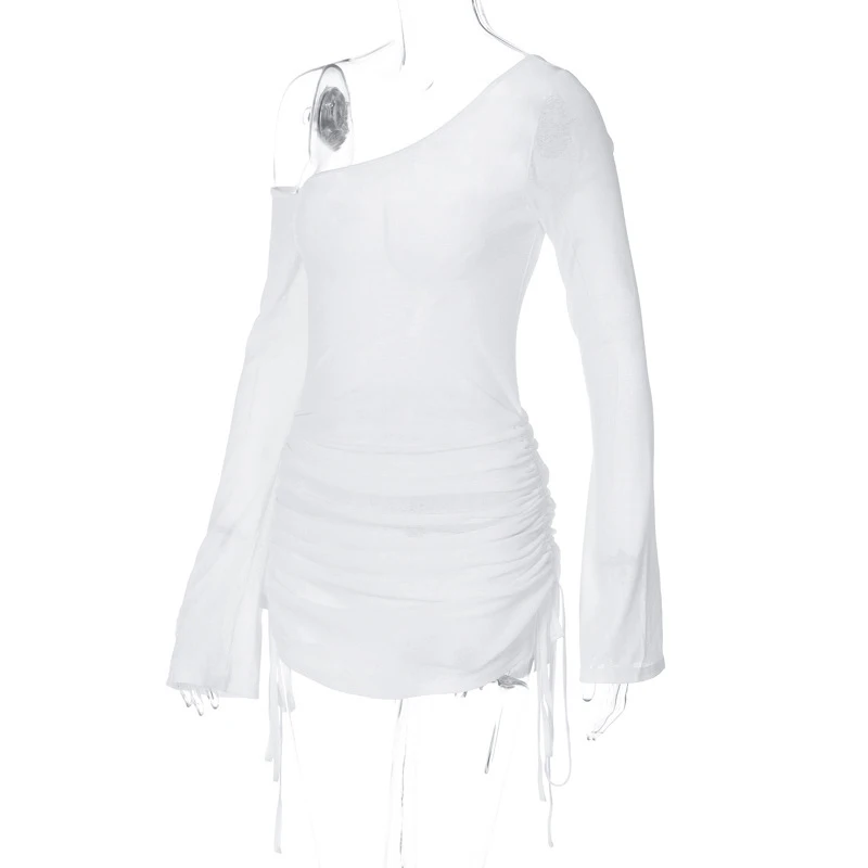 Women's Solid Skew Collar Ruched Straps Lace-Up See through Draw String Mini Dress Summer 2025 Party Clubwear