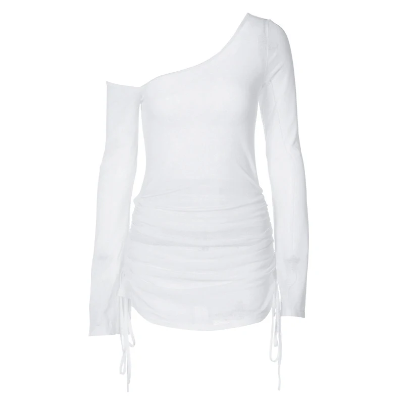 Women's Solid Skew Collar Ruched Straps Lace-Up See through Draw String Mini Dress Summer 2025 Party Clubwear