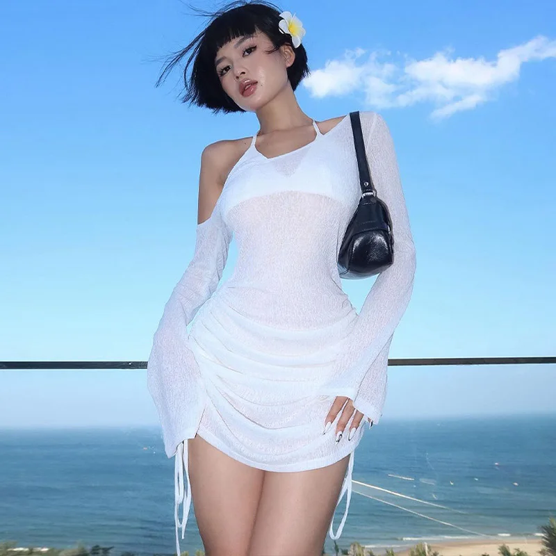 Women's Solid Skew Collar Ruched Straps Lace-Up See through Draw String Mini Dress Summer 2025 Party Clubwear