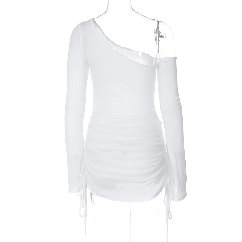 Women's Solid Skew Collar Ruched Straps Lace-Up See through Draw String Mini Dress Summer 2025 Party Clubwear