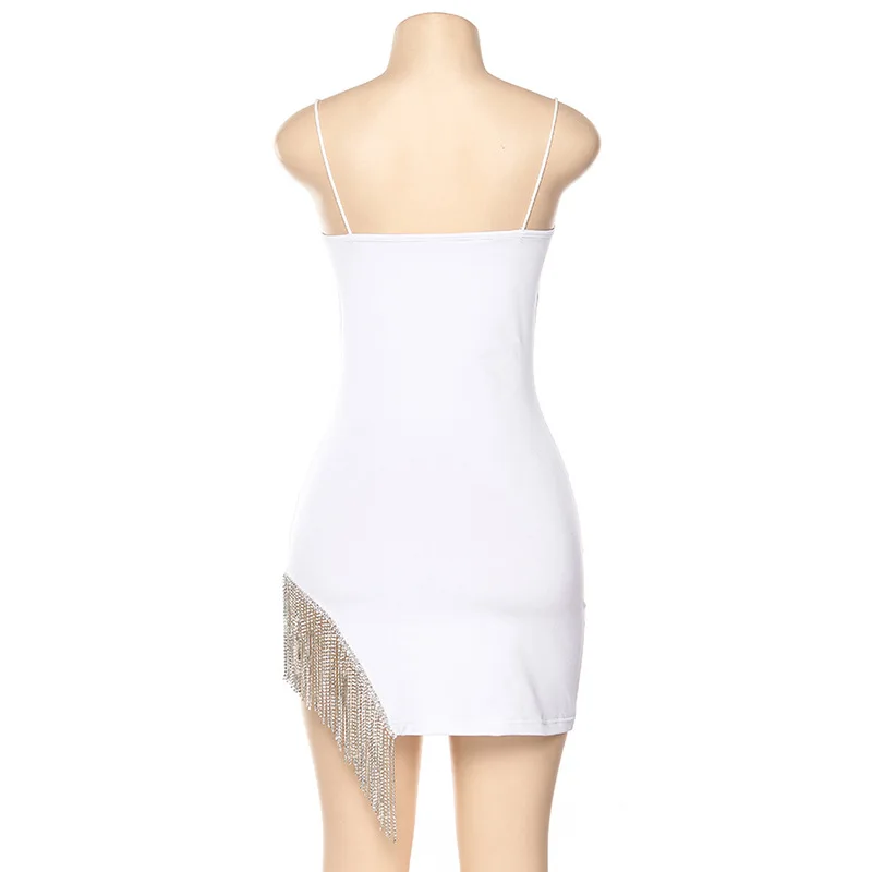 Sexy Tassel Diamonds Party Dress Women Spaghetti Straps Backless Split Bodycon For Women Elegant Dress
