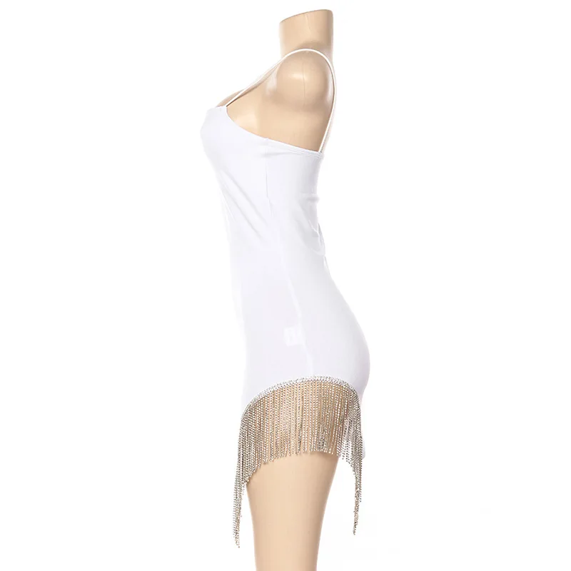 Sexy Tassel Diamonds Party Dress Women Spaghetti Straps Backless Split Bodycon For Women Elegant Dress