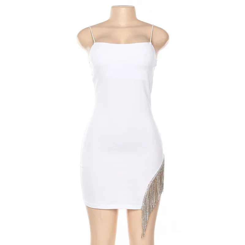 Sexy Tassel Diamonds Party Dress Women Spaghetti Straps Backless Split Bodycon For Women Elegant Dress