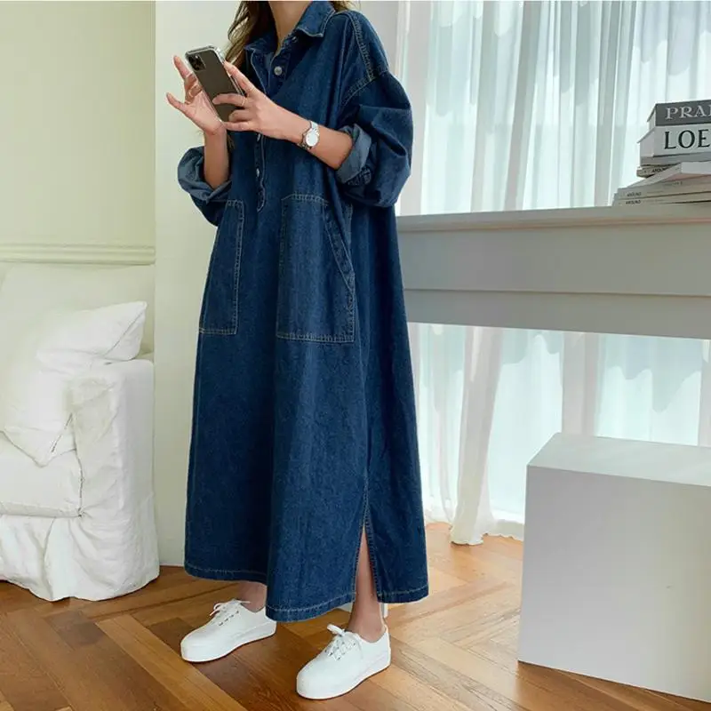 Long Dress Women Denim Dresses Turn Down Collar A Line Vestidos Maxi Mom Jeans Streetwear Casual Loose Y2k Summer 2025 Party