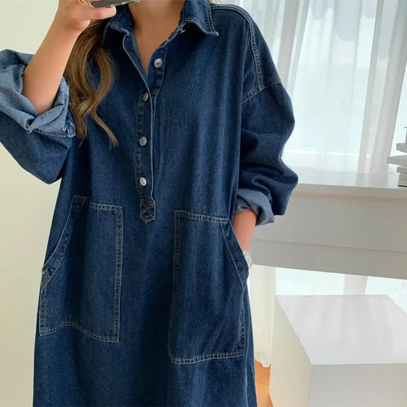 Long Dress Women Denim Dresses Turn Down Collar A Line Vestidos Maxi Mom Jeans Streetwear Casual Loose Y2k Summer 2025 Party