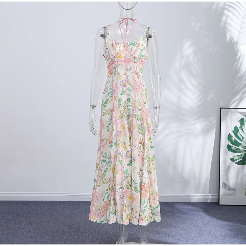 Elegant Printed Women's Dress Sleeveless Halter Waist-Closed A-Line Lady Dresses 2026 Spring Summer Fashion Female Vacation Robe