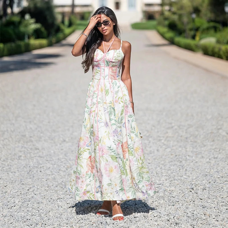 Elegant Printed Women's Dress Sleeveless Halter Waist-Closed A-Line Lady Dresses 2026 Spring Summer Fashion Female Vacation Robe