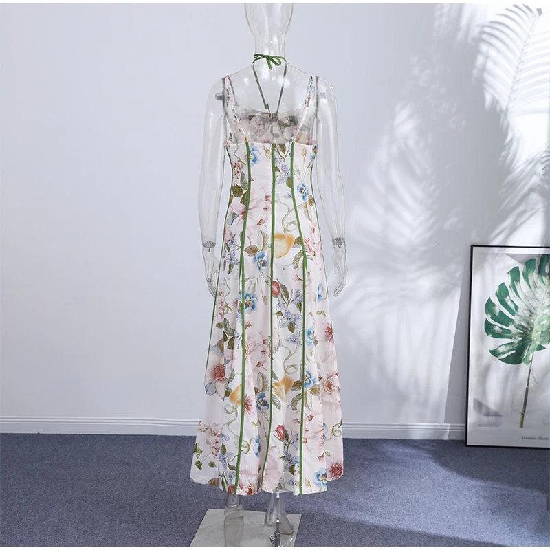 Elegant Printed Women's Dress Sleeveless Halter Waist-Closed A-Line Lady Dresses 2026 Spring Summer Fashion Female Vacation Robe