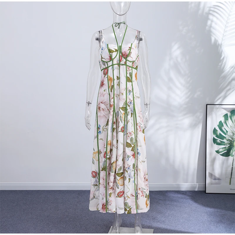 Elegant Printed Women's Dress Sleeveless Halter Waist-Closed A-Line Lady Dresses 2026 Spring Summer Fashion Female Vacation Robe