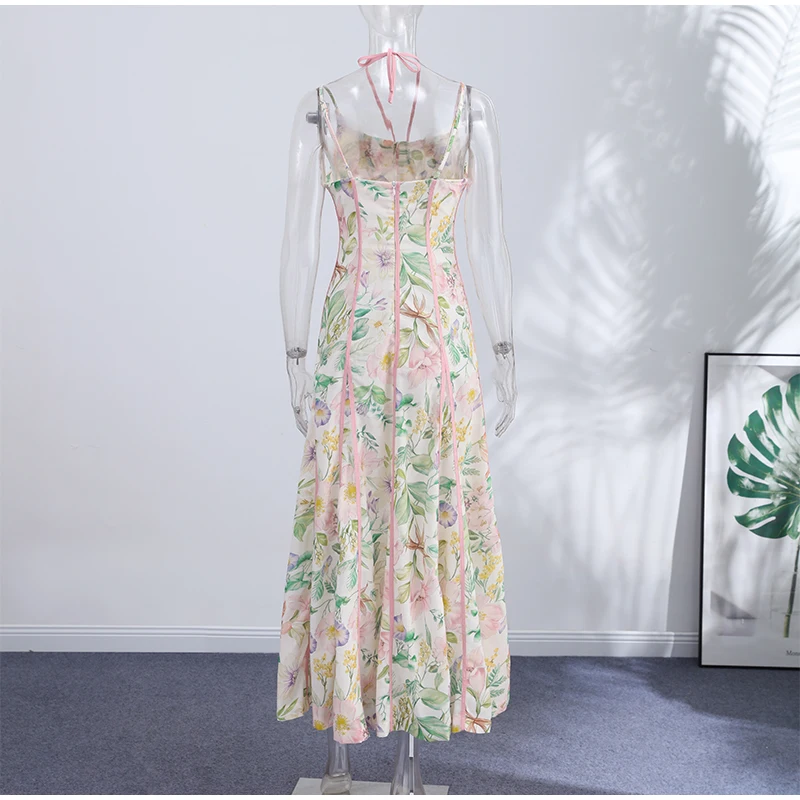 Elegant Printed Women's Dress Sleeveless Halter Waist-Closed A-Line Lady Dresses 2026 Spring Summer Fashion Female Vacation Robe