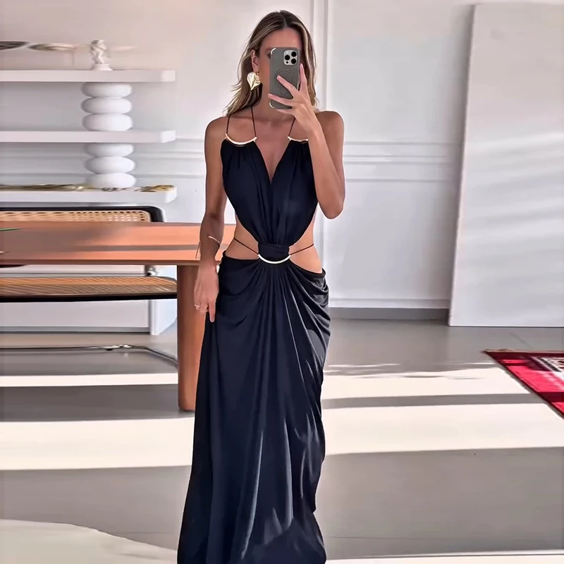 Sexy Backless Party Women's Dress Sleeveless V-neck Slim Maxi Female Vestidos 2026 Fashion Pleated Hollow Out Evening Lady Robe