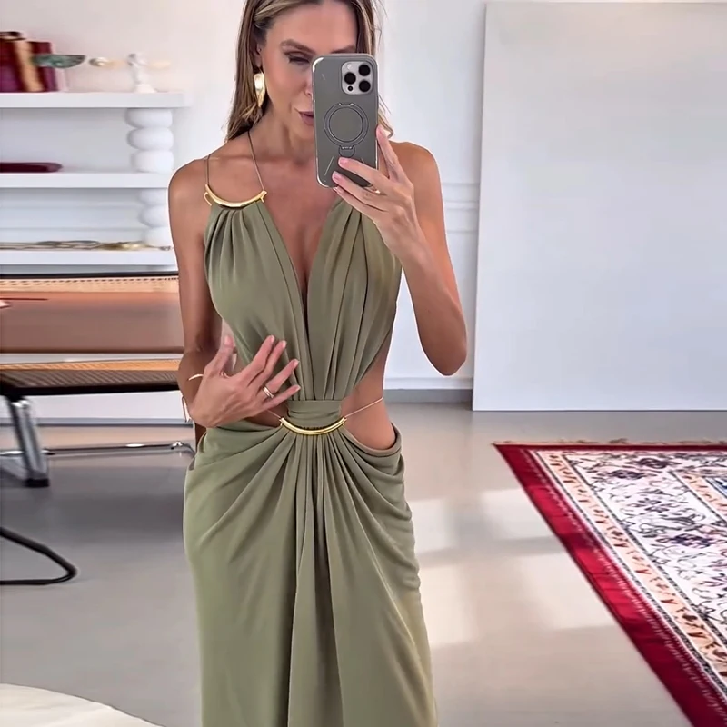 Sexy Backless Party Women's Dress Sleeveless V-neck Slim Maxi Female Vestidos 2026 Fashion Pleated Hollow Out Evening Lady Robe