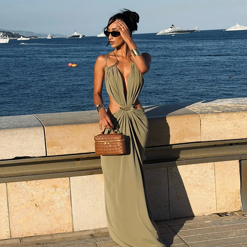 Sexy Backless Party Women's Dress Sleeveless V-neck Slim Maxi Female Vestidos 2026 Fashion Pleated Hollow Out Evening Lady Robe