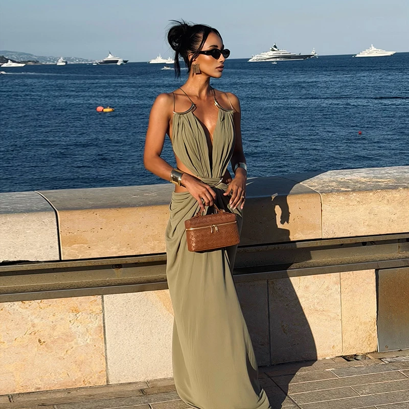 Sexy Backless Party Women's Dress Sleeveless V-neck Slim Maxi Female Vestidos 2026 Fashion Pleated Hollow Out Evening Lady Robe