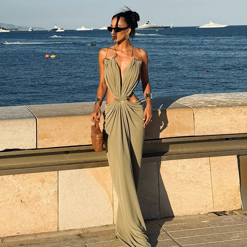 Sexy Backless Party Women's Dress Sleeveless V-neck Slim Maxi Female Vestidos 2026 Fashion Pleated Hollow Out Evening Lady Robe