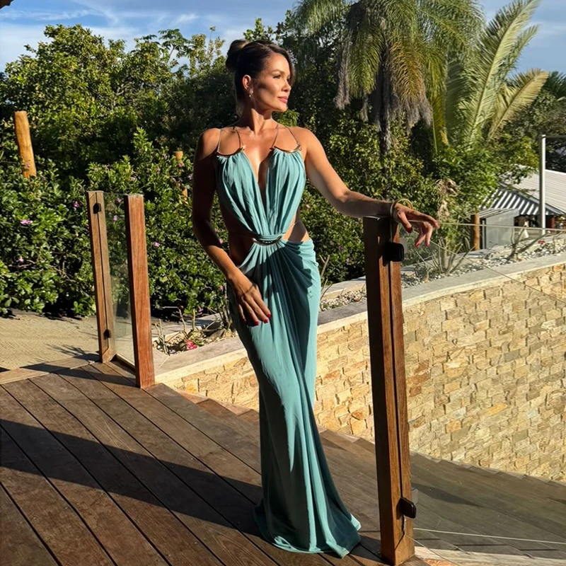 Sexy Backless Party Women's Dress Sleeveless V-neck Slim Maxi Female Vestidos 2026 Fashion Pleated Hollow Out Evening Lady Robe