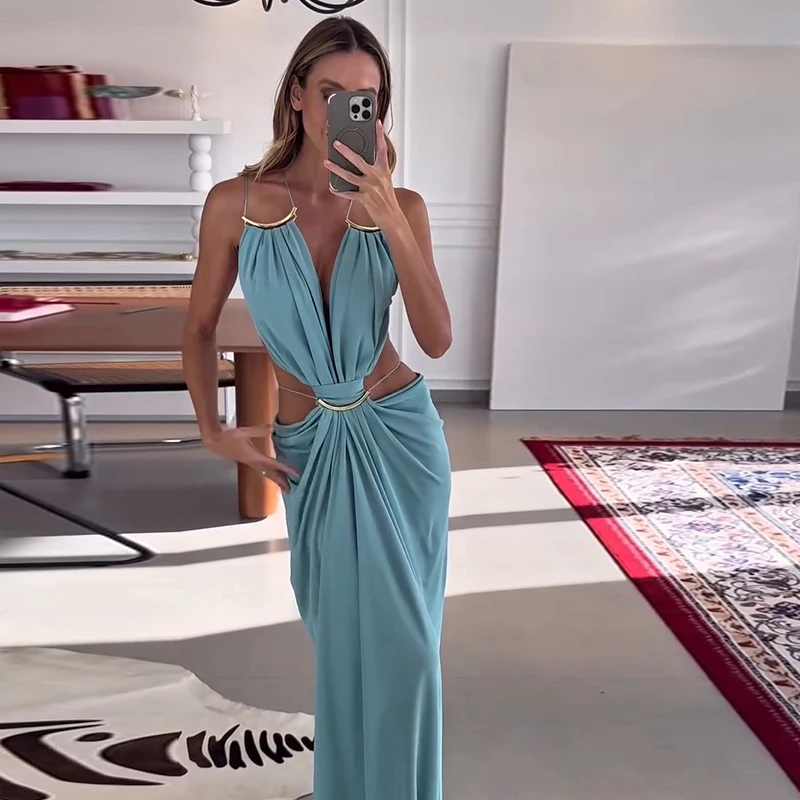 Sexy Backless Party Women's Dress Sleeveless V-neck Slim Maxi Female Vestidos 2026 Fashion Pleated Hollow Out Evening Lady Robe