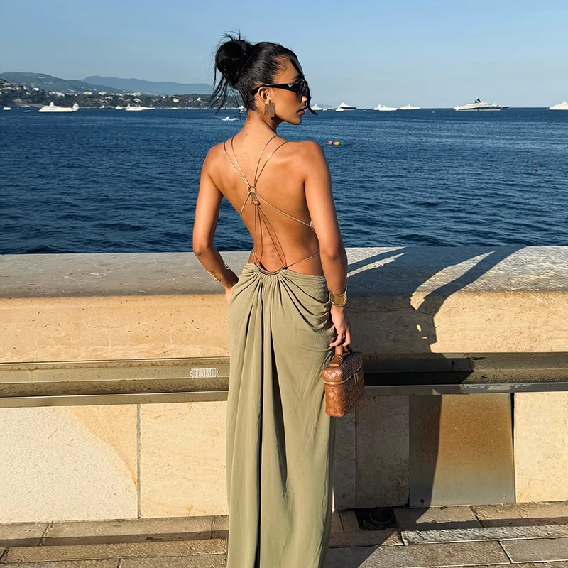 Sexy Backless Party Women's Dress Sleeveless V-neck Slim Maxi Female Vestidos 2026 Fashion Pleated Hollow Out Evening Lady Robe