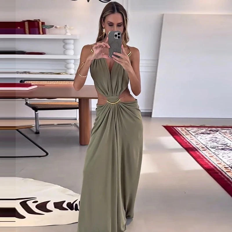 Sexy Backless Party Women's Dress Sleeveless V-neck Slim Maxi Female Vestidos 2026 Fashion Pleated Hollow Out Evening Lady Robe