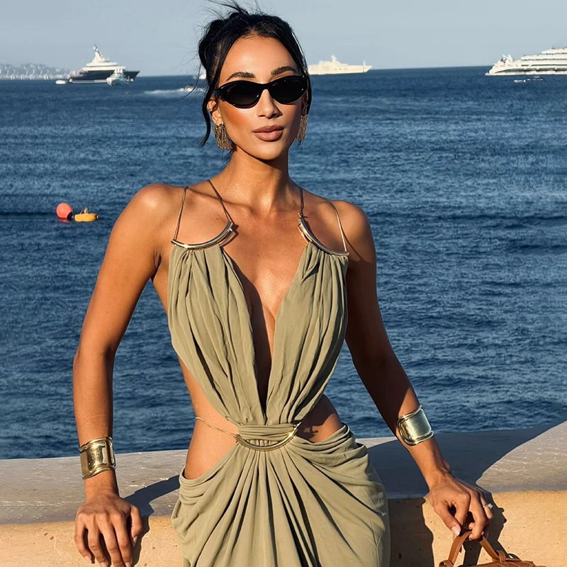 Sexy Backless Party Women's Dress Sleeveless V-neck Slim Maxi Female Vestidos 2026 Fashion Pleated Hollow Out Evening Lady Robe