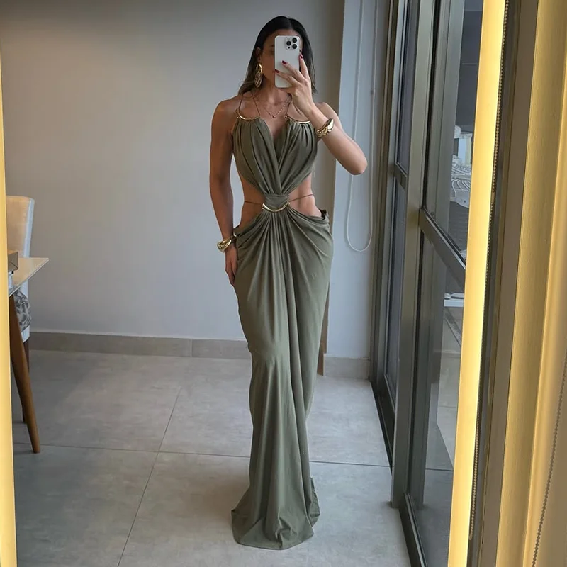 Sexy Backless Party Women's Dress Sleeveless V-neck Slim Maxi Female Vestidos 2026 Fashion Pleated Hollow Out Evening Lady Robe