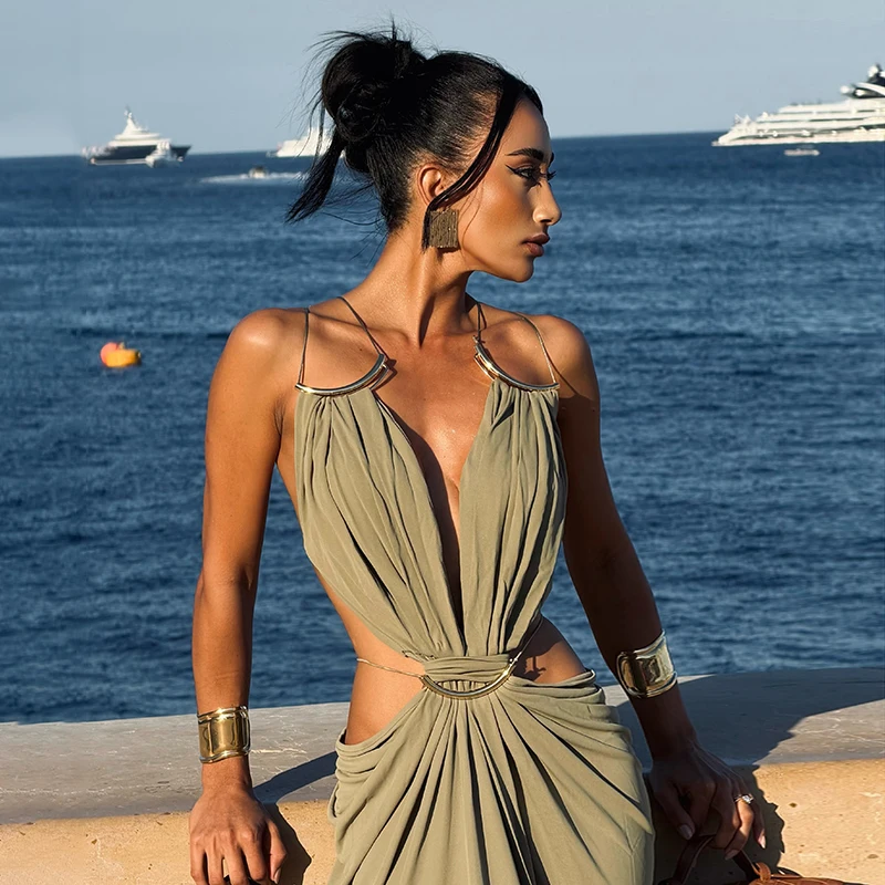Sexy Backless Party Women's Dress Sleeveless V-neck Slim Maxi Female Vestidos 2026 Fashion Pleated Hollow Out Evening Lady Robe