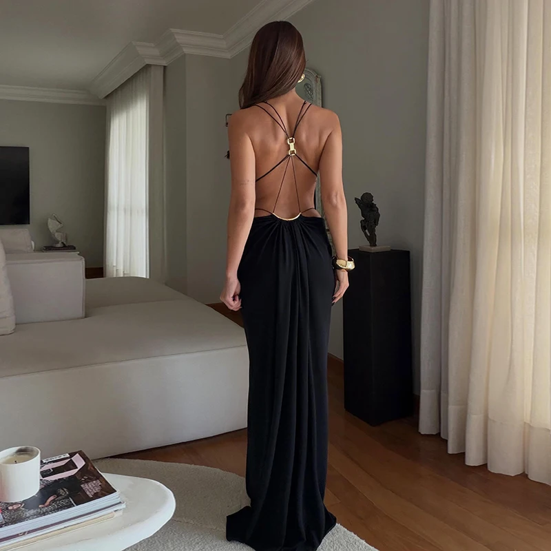 Sexy Backless Party Women's Dress Sleeveless V-neck Slim Maxi Female Vestidos 2026 Fashion Pleated Hollow Out Evening Lady Robe
