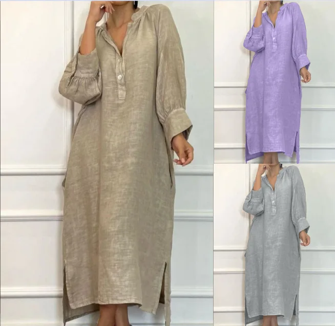 Fashion Cotton Linen Long-sleeved Loose Women's Dresses New Autumn Collection Casual Simple Pocket Elegant Female Slit Dress2025