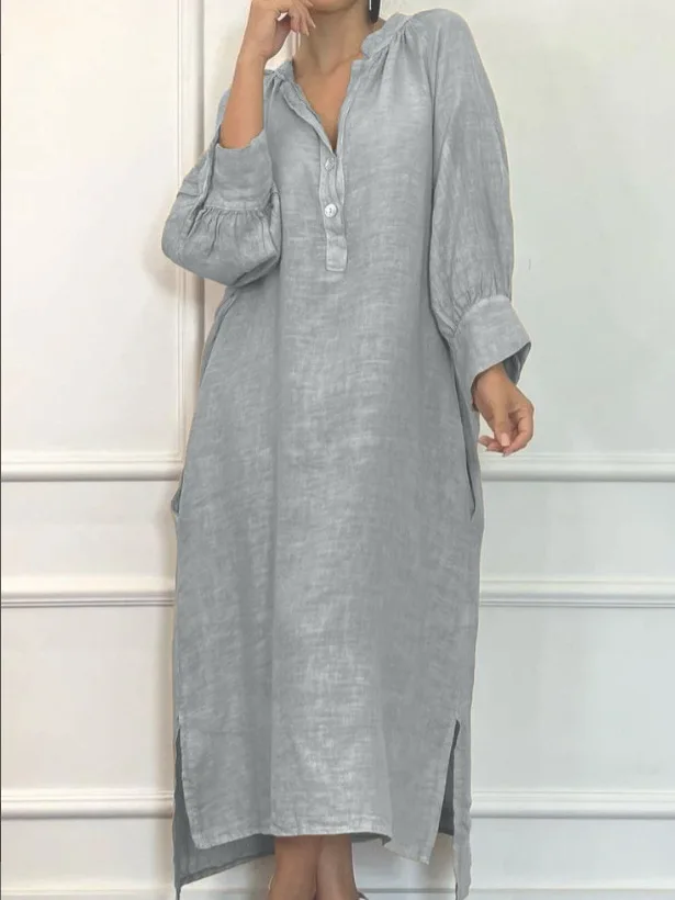 Fashion Cotton Linen Long-sleeved Loose Women's Dresses New Autumn Collection Casual Simple Pocket Elegant Female Slit Dress2025