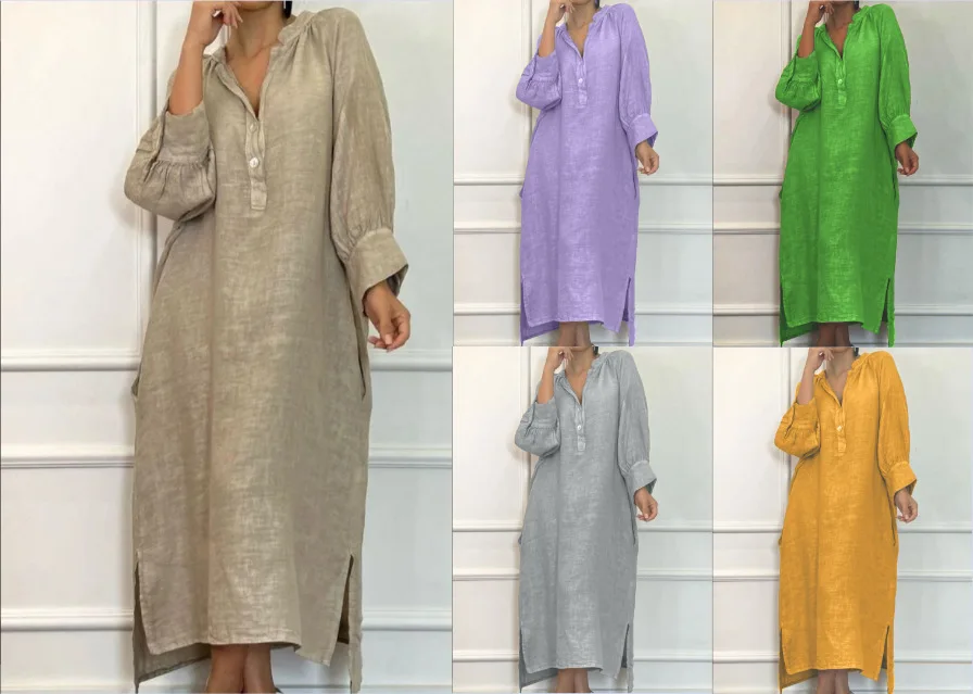Fashion Cotton Linen Long-sleeved Loose Women's Dresses New Autumn Collection Casual Simple Pocket Elegant Female Slit Dress2025