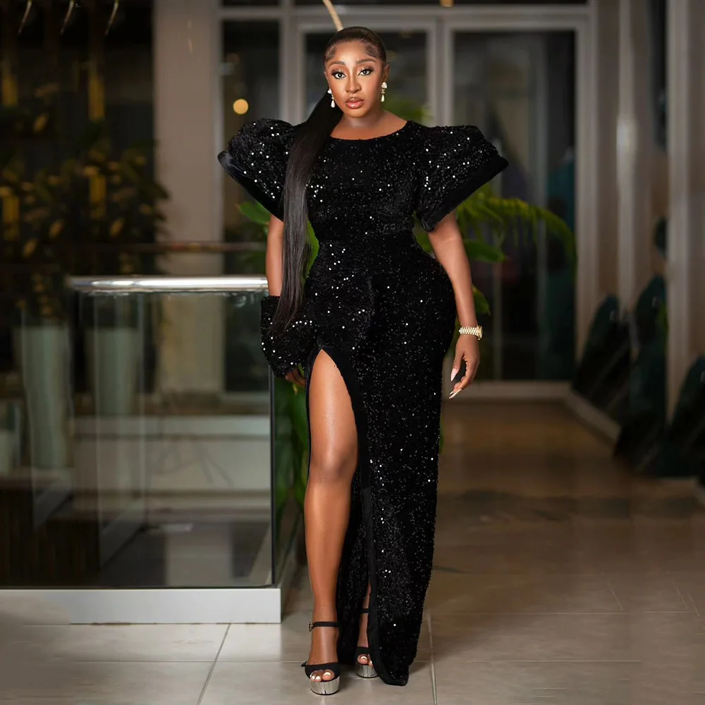 2023 African-American Evening Dress Black Sequin Round Neck Puffed Sleeve High Slit Floor-Length Fishtail Dress