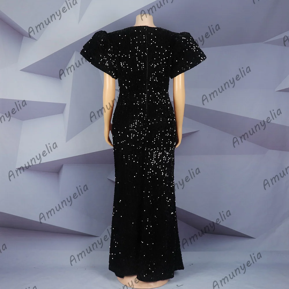 2023 African-American Evening Dress Black Sequin Round Neck Puffed Sleeve High Slit Floor-Length Fishtail Dress