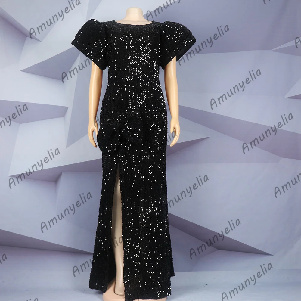 2023 African-American Evening Dress Black Sequin Round Neck Puffed Sleeve High Slit Floor-Length Fishtail Dress