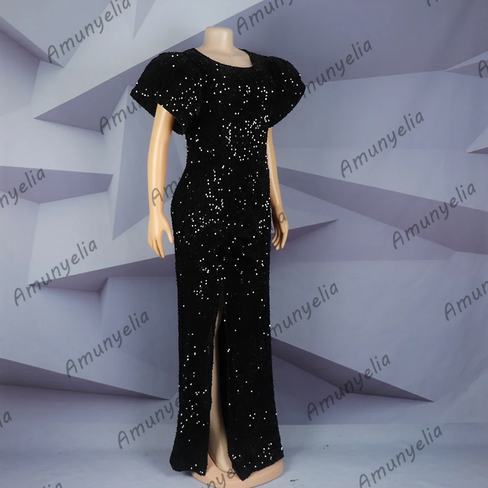 2023 African-American Evening Dress Black Sequin Round Neck Puffed Sleeve High Slit Floor-Length Fishtail Dress