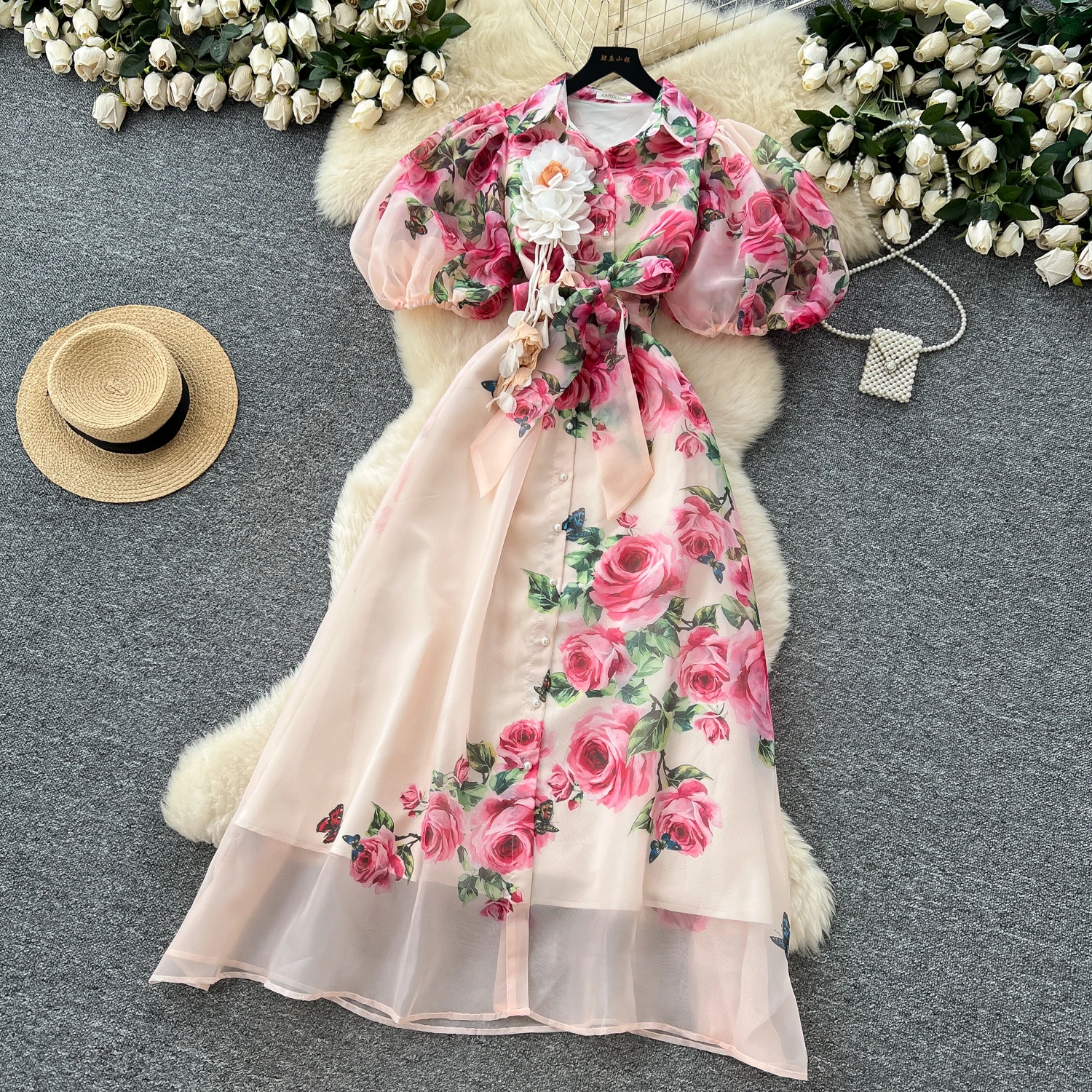 Chic vintage Sexy print mesh Spliced Fairy Summer Women Boho Sundress women clothing Long dress
