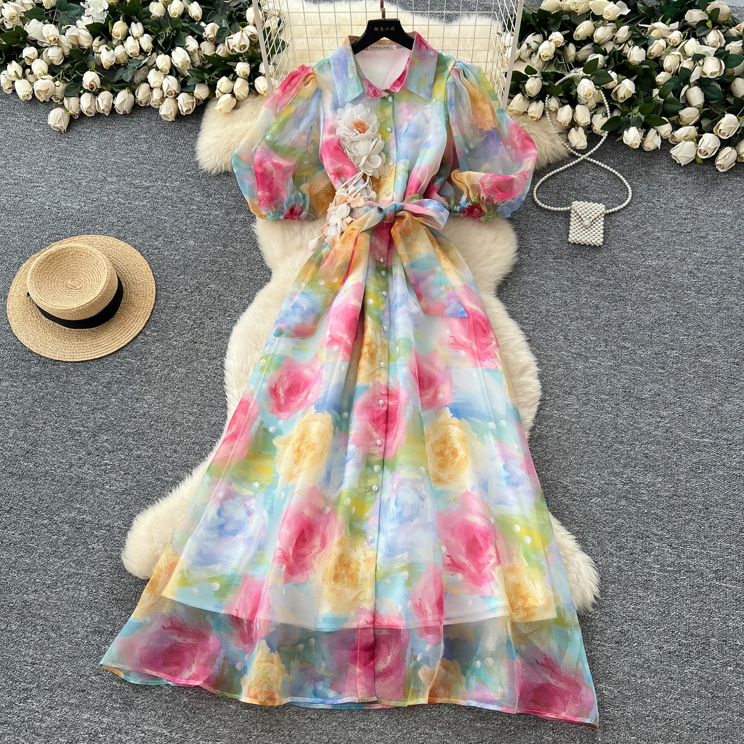 Chic vintage Sexy print mesh Spliced Fairy Summer Women Boho Sundress women clothing Long dress