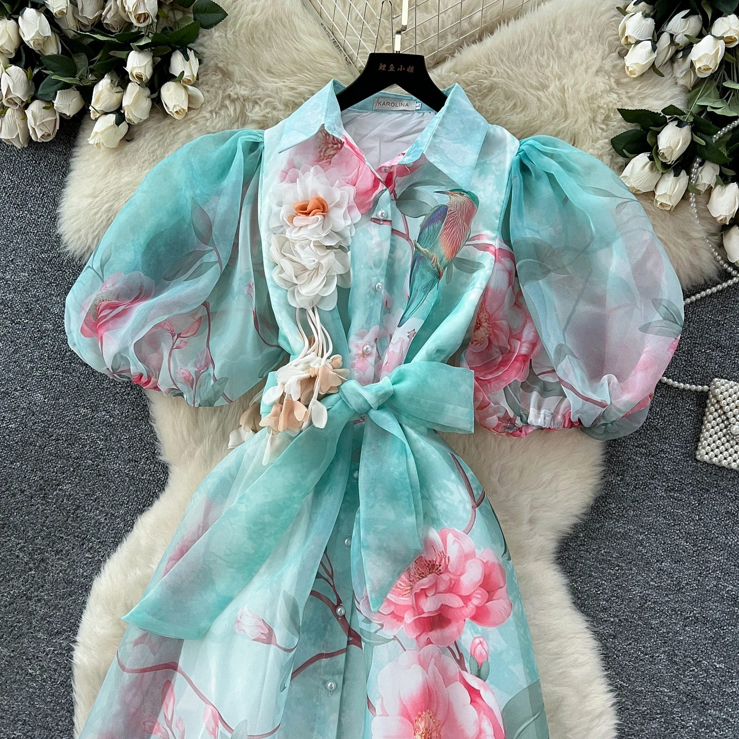 Chic vintage Sexy print mesh Spliced Fairy Summer Women Boho Sundress women clothing Long dress