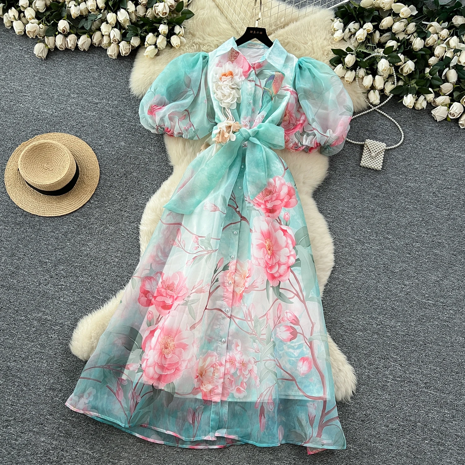 Chic vintage Sexy print mesh Spliced Fairy Summer Women Boho Sundress women clothing Long dress