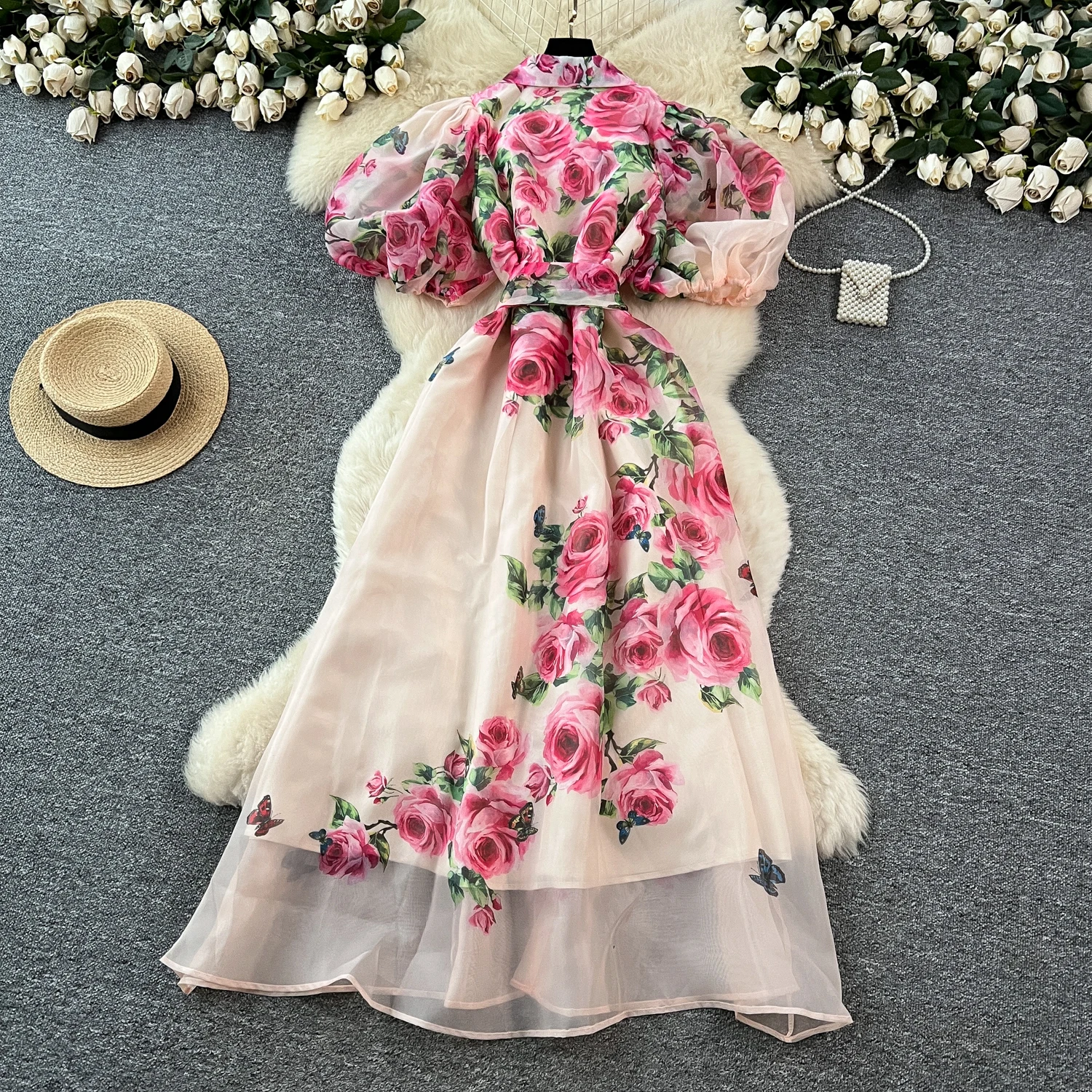 Chic vintage Sexy print mesh Spliced Fairy Summer Women Boho Sundress women clothing Long dress