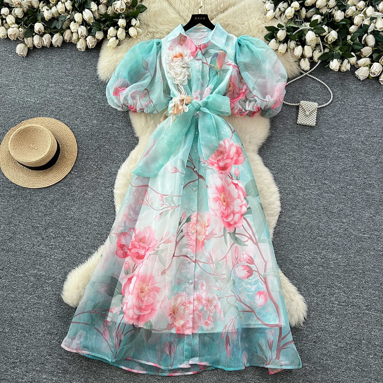 Chic vintage Sexy print mesh Spliced Fairy Summer Women Boho Sundress women clothing Long dress