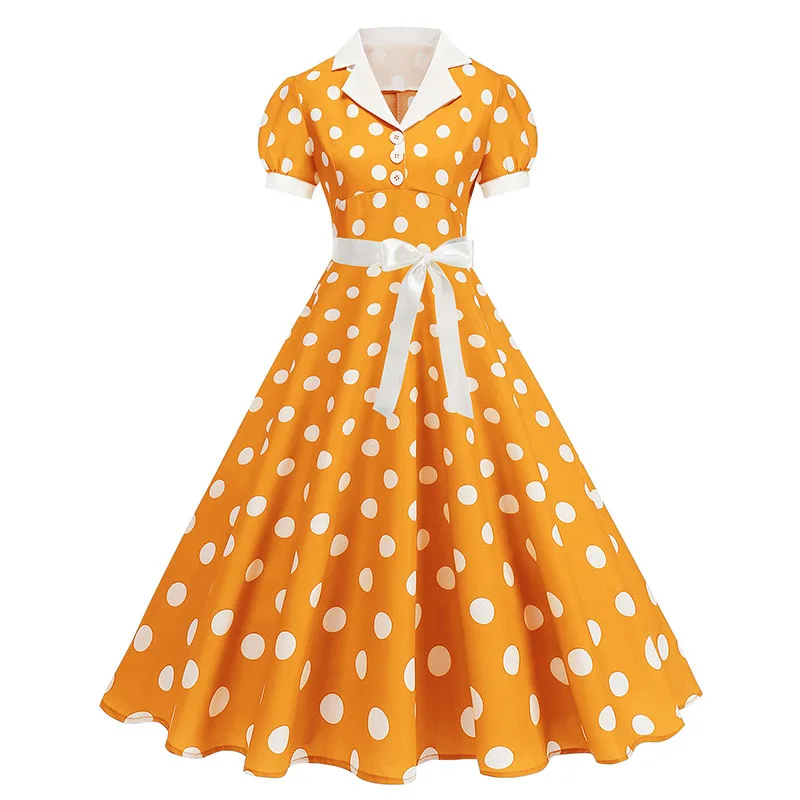 Women's Vintage Polka Dot Summer Dress Short Sleeve V-Neck A-Line Casual Party Robe Femme Pin up Style