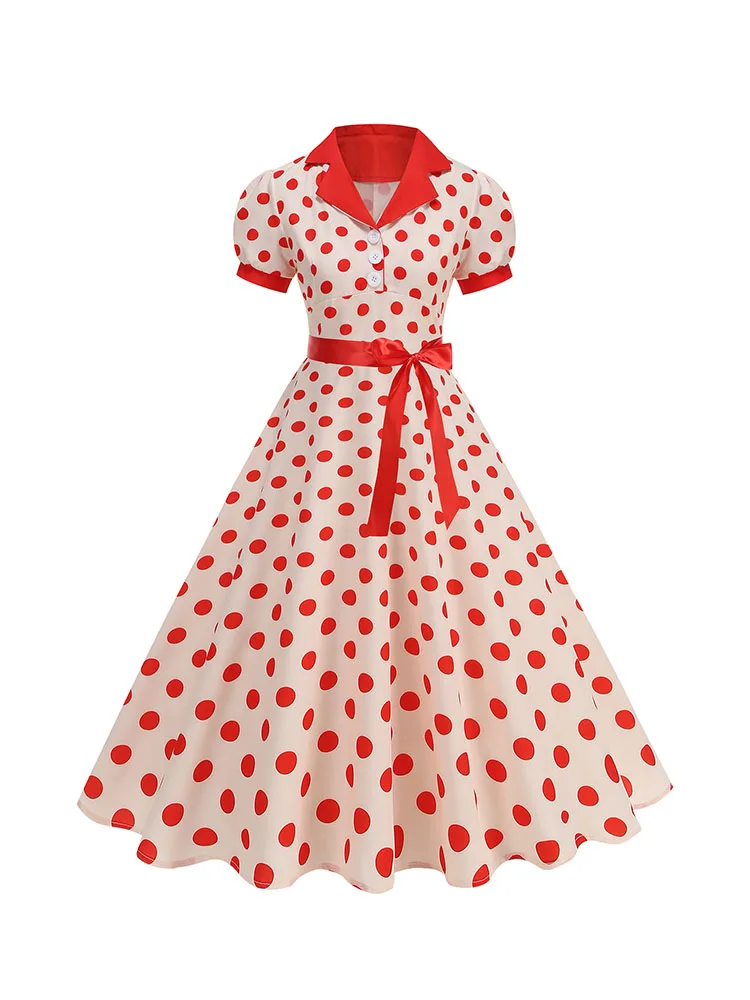 Women's Vintage Polka Dot Summer Dress Short Sleeve V-Neck A-Line Casual Party Robe Femme Pin up Style