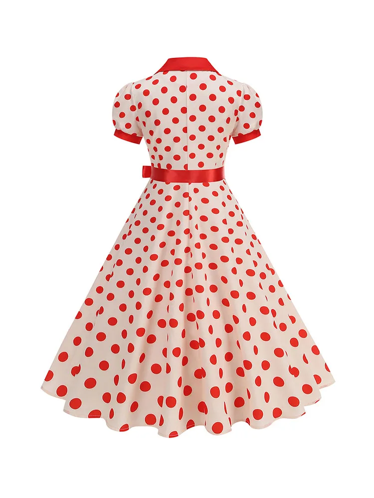 Women's Vintage Polka Dot Summer Dress Short Sleeve V-Neck A-Line Casual Party Robe Femme Pin up Style